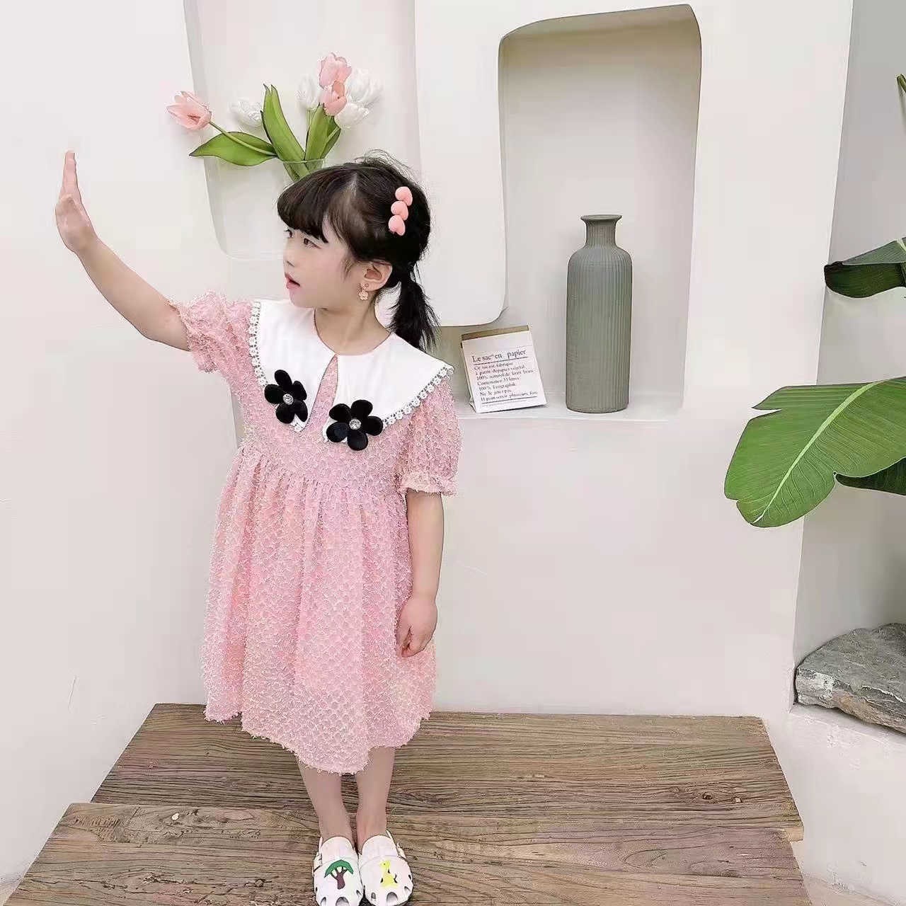 4517（女童）夏季短袖领口立体花朵连衣裙