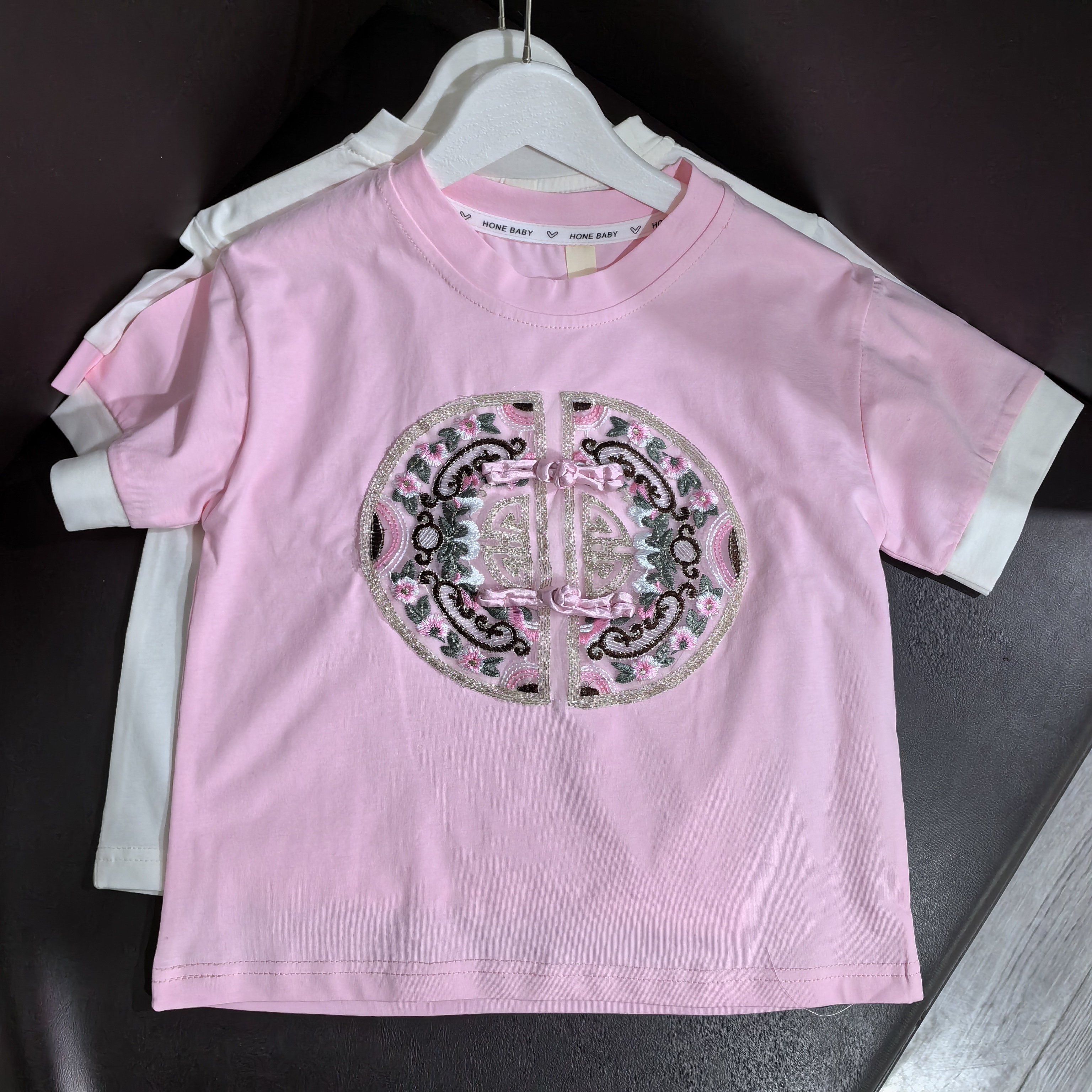 1256新中式国风刺绣盘扣T恤夏洋气拼色短袖内搭圆领正肩上衣