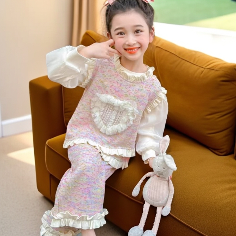 【现货】1484女童套装春秋款新款甜美洋气花边上衣儿童秋装套装