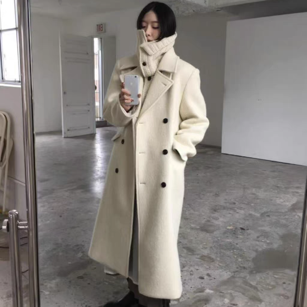 韩国东大门代购冬季新款londonflat双排扣长款大衣白色
