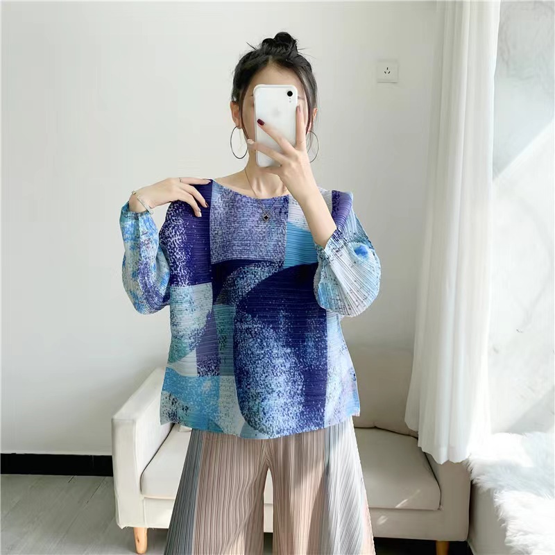 2024春夏新款褶皱数码印花上衣T恤7分袖都市休闲压褶衣服女装 