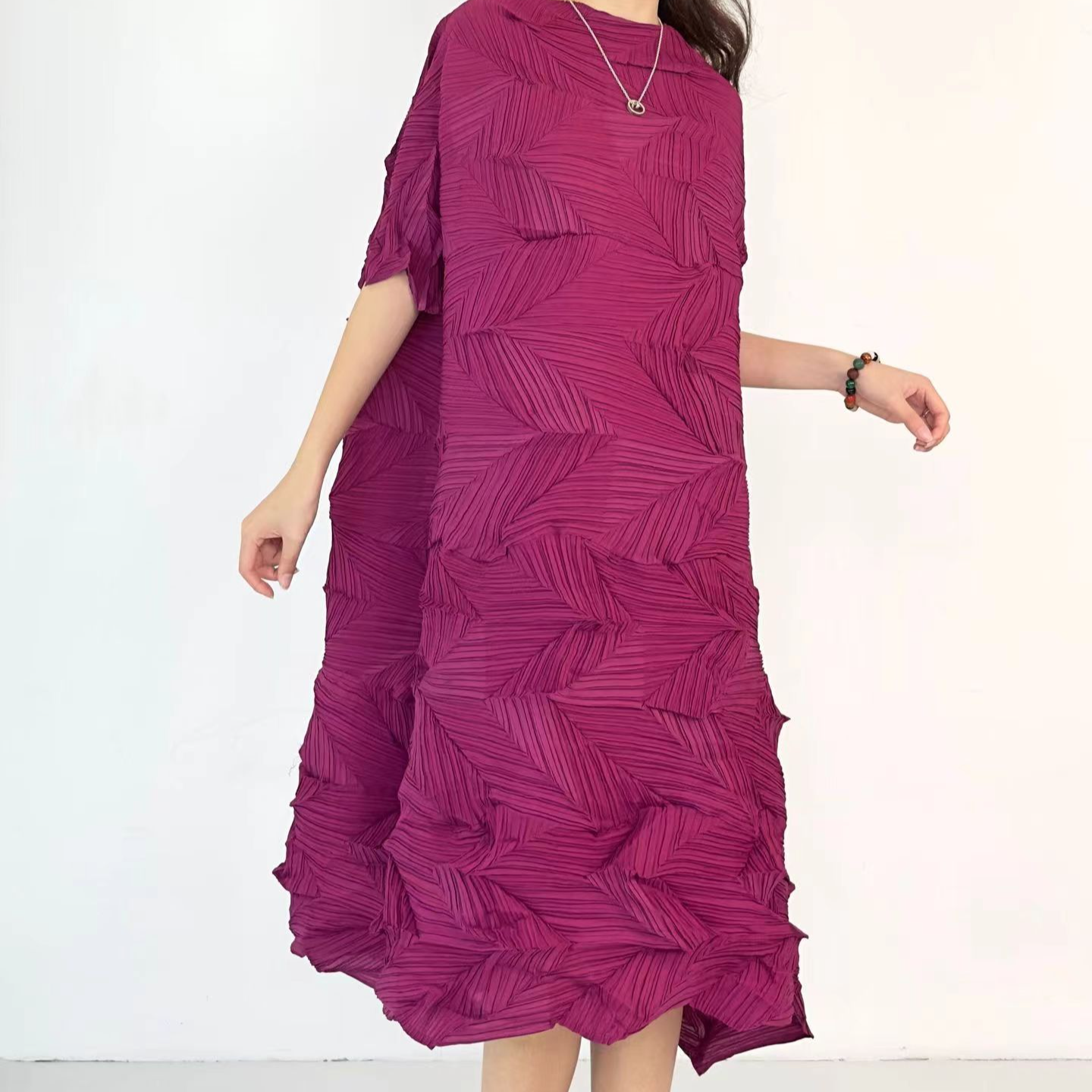 2025年春夏三宅新款褶皱短袖长裙连衣裙立命不规则