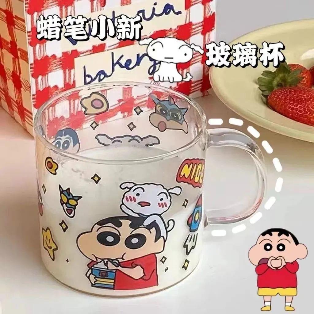 杯子ins高颜值可爱卡通蜡笔小新牛奶杯少女心印花玻璃把手杯H279