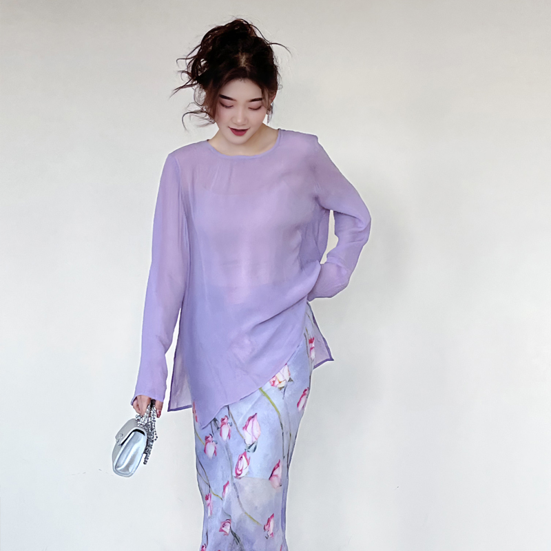 43CS1036打底衫长袖休闲打底薄款宽松纯色百搭女士夏季圆领防晒衣