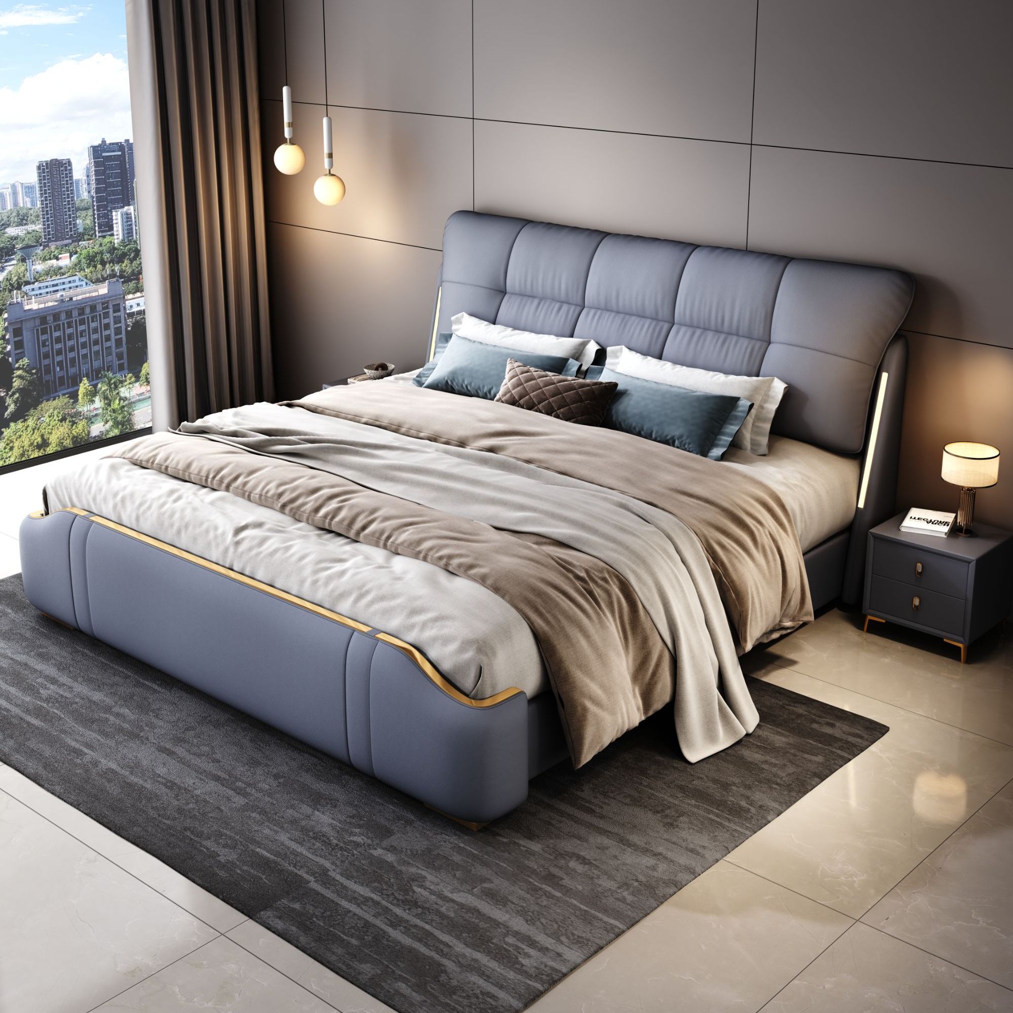 YC-309#意式轻奢现代简约真皮床双人床皮艺床主卧室双人软包婚床