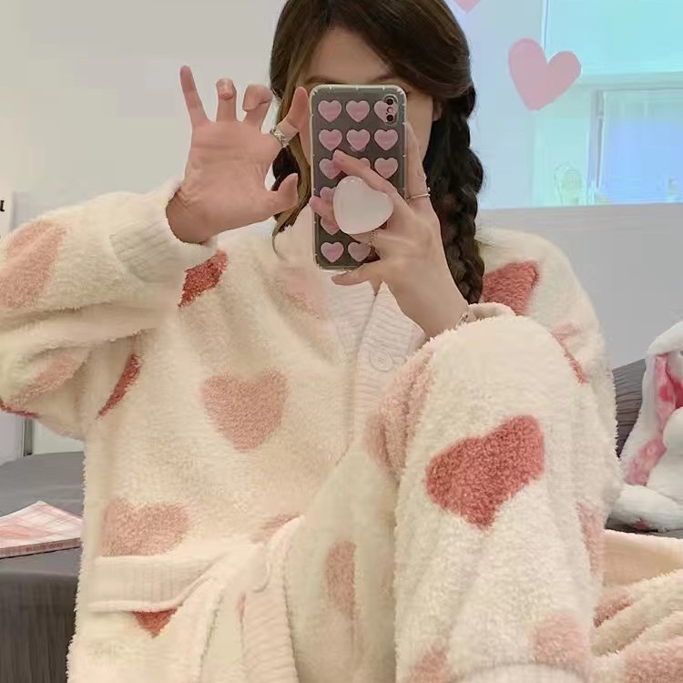 (敏敏家）加厚甜心小印花樱桃保暖毛绒女士家居服睡衣套装秋冬季