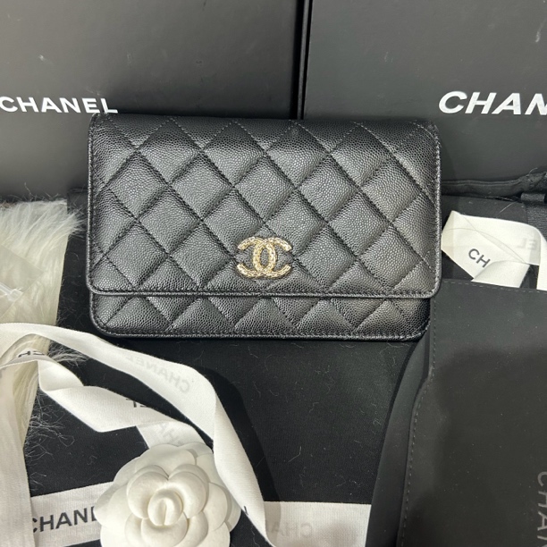 99新 Chanel/香奈儿 24c新款黑金荔枝牛大logo发财woc