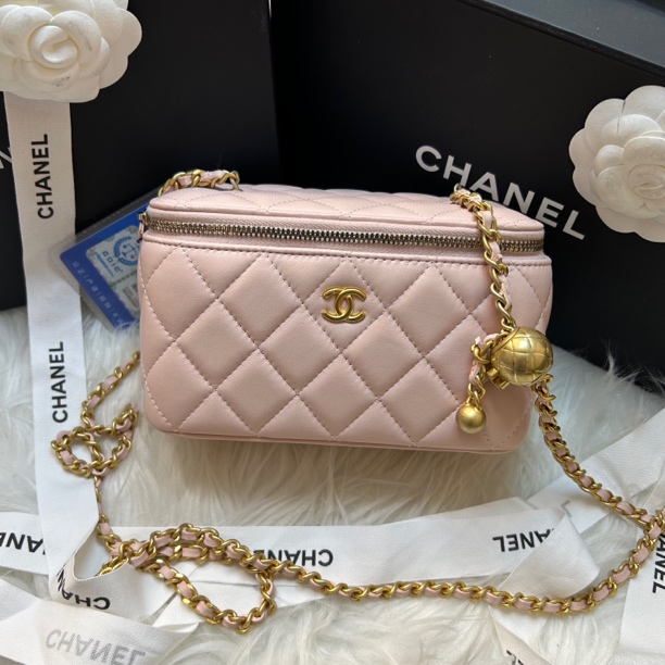 95新 Chanel/香奈儿 芯片23K粉色金球长盒子/单肩斜挎菱格纹