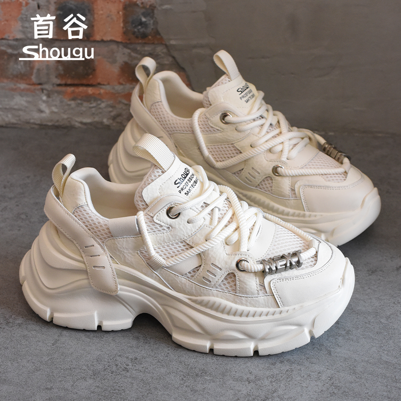 shougu/首谷2025春季新款厚底增高老爹鞋女白色显脚小轻便运动鞋