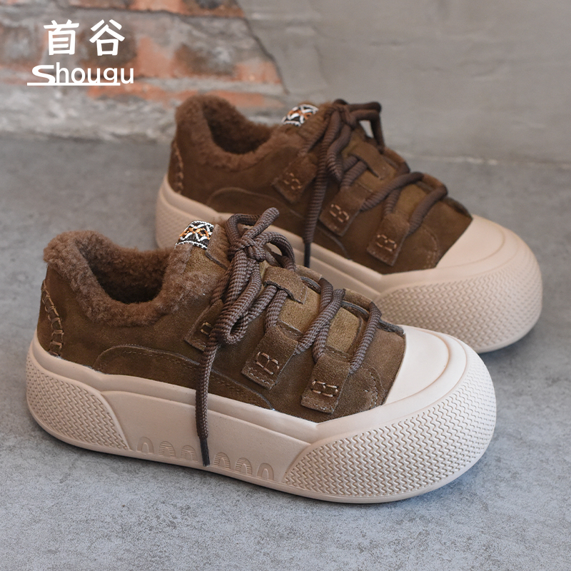 shougu/首谷2024秋冬新款加绒保暖面包鞋女松糕厚底大头毛毛板鞋