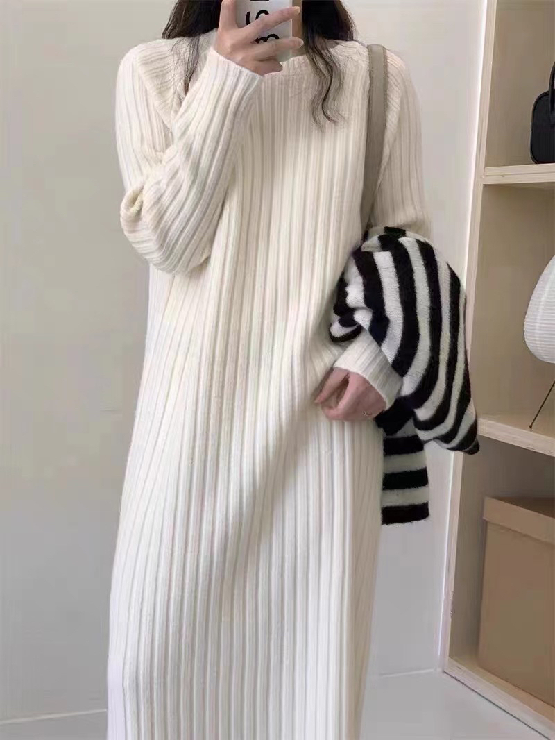 【点大美严选】秋冬新款长款毛衣裙过膝宽松韩版内搭长袖坑条针织衫