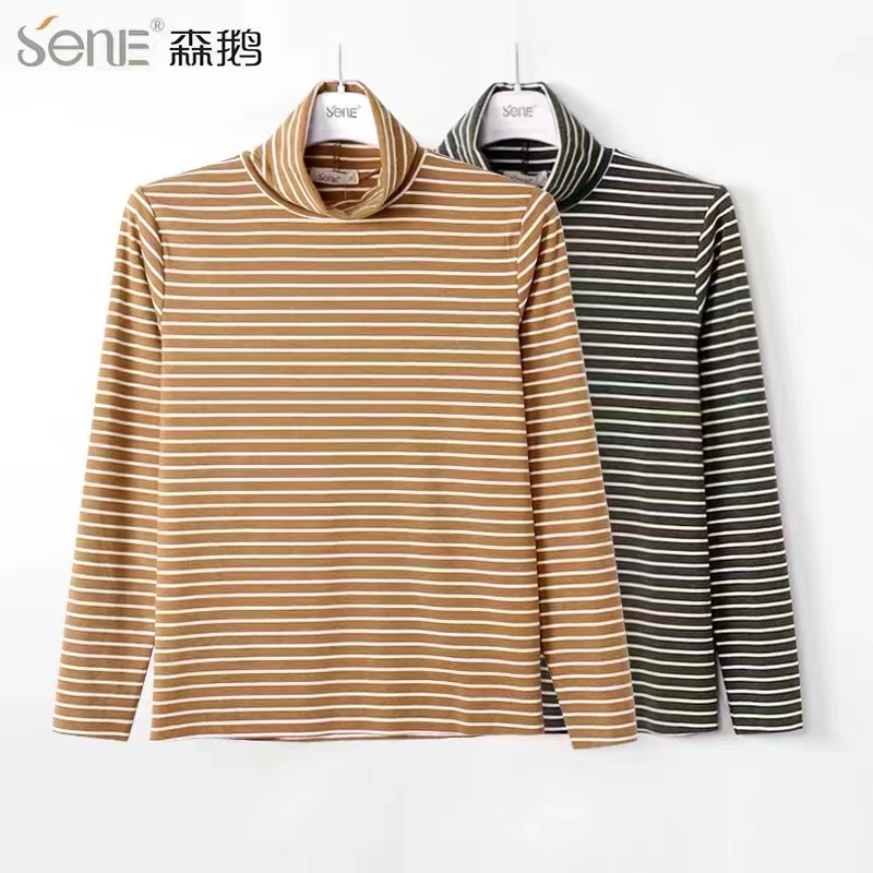 森鹅女士彩条高领打底衫长袖条纹4184时尚百搭