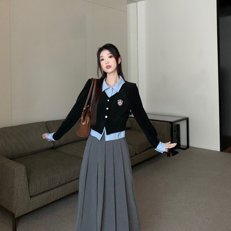 韩系学院风假两件衬衫女2023秋季新款polo领撞色短上春秋长袖针织