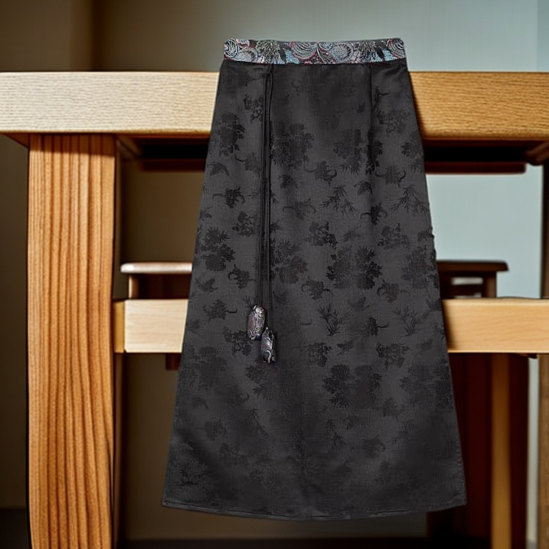 [锦绣山河]气质黑色提花优雅半身裙