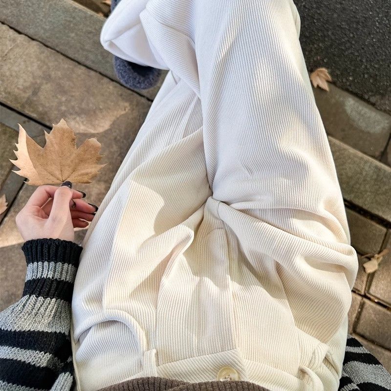 白色加绒阔腿裤女秋冬季高腰雪尼尔直筒西装裤休闲针织裤子