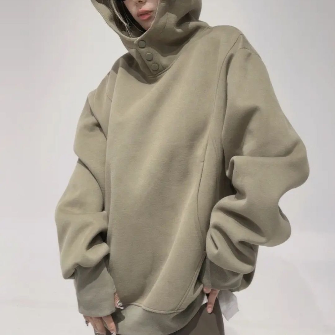 2024秋冬新款美式复古纽扣设计高领小众色简约百搭连帽卫衣