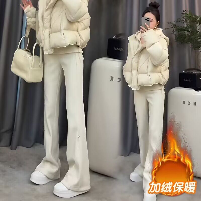 2024秋冬韩版气质时尚休闲超模裤加绒修身显瘦加厚百搭微喇长裤女