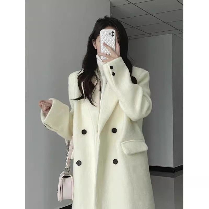 白色长款呢子大衣女2024新款秋冬季毛呢外套高级感小个子今年流行