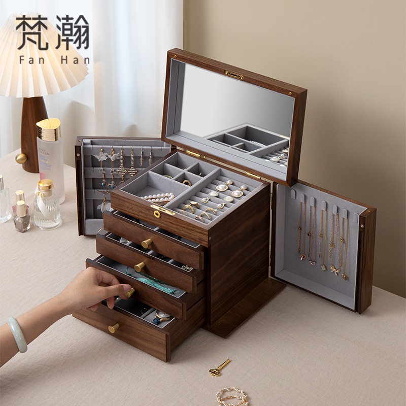 FANHAN/梵瀚木质首饰收纳盒带锁大容量复古黄金珠宝盒带镜饰品盒