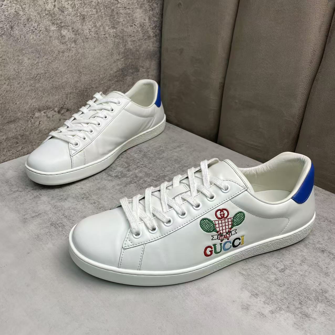 95新 GUCCI/古驰 白色网球拍刺绣时尚百搭低帮板鞋/41.5欧/福利款