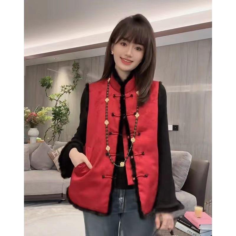 时尚女士秋冬羽绒服服流行高端新中式禅意国风红色夹盘扣马甲女马