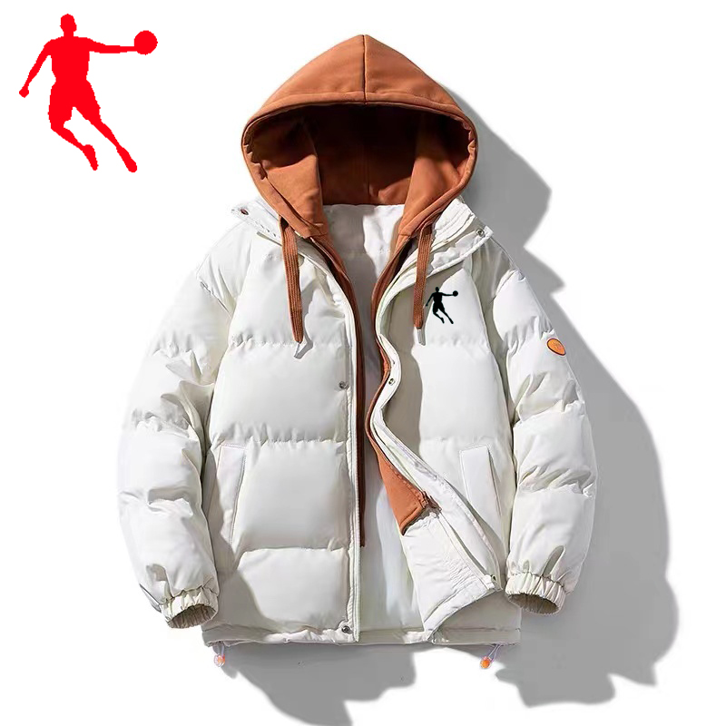 乔丹冬季新款韩版加厚保暖情侣假两件连帽休闲棉服