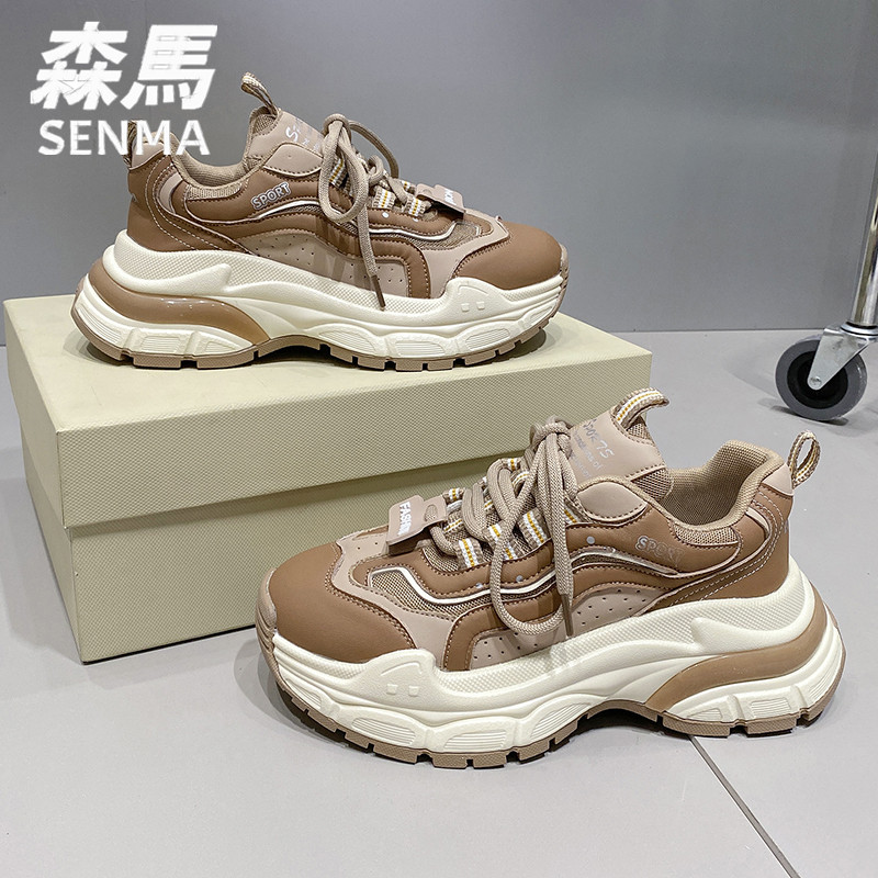 SENMA/森马真皮女鞋2023秋冬新款厚底百搭运动鞋内增高大码老爹鞋