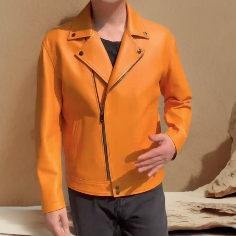 2024绵羊皮爱马仕橙色机车休闲轻奢款