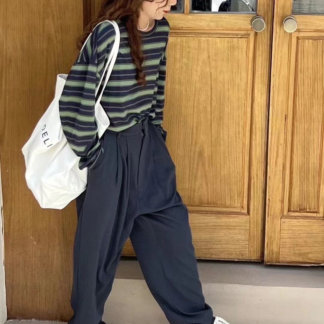 2024高品质条纹长袖上衣休闲时尚百搭宽松打底圆领套头显瘦中长款