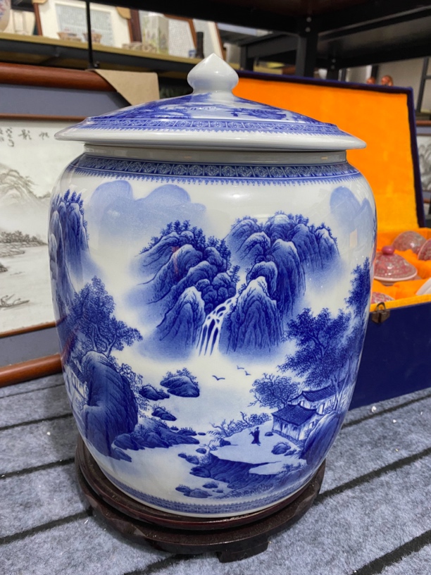 中式茶叶罐青花陶瓷瓷器山水画储物罐客厅茶室办公室礼品摆件