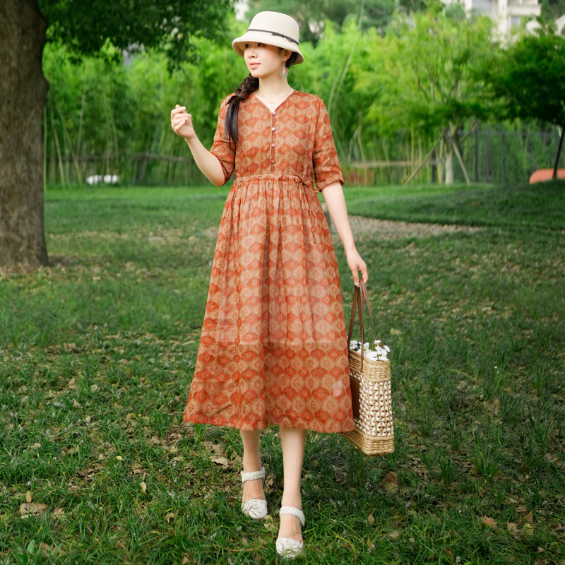 纯苎麻连衣裙女装春夏季新款印花收腰显瘦中长裙复古宽松裙子