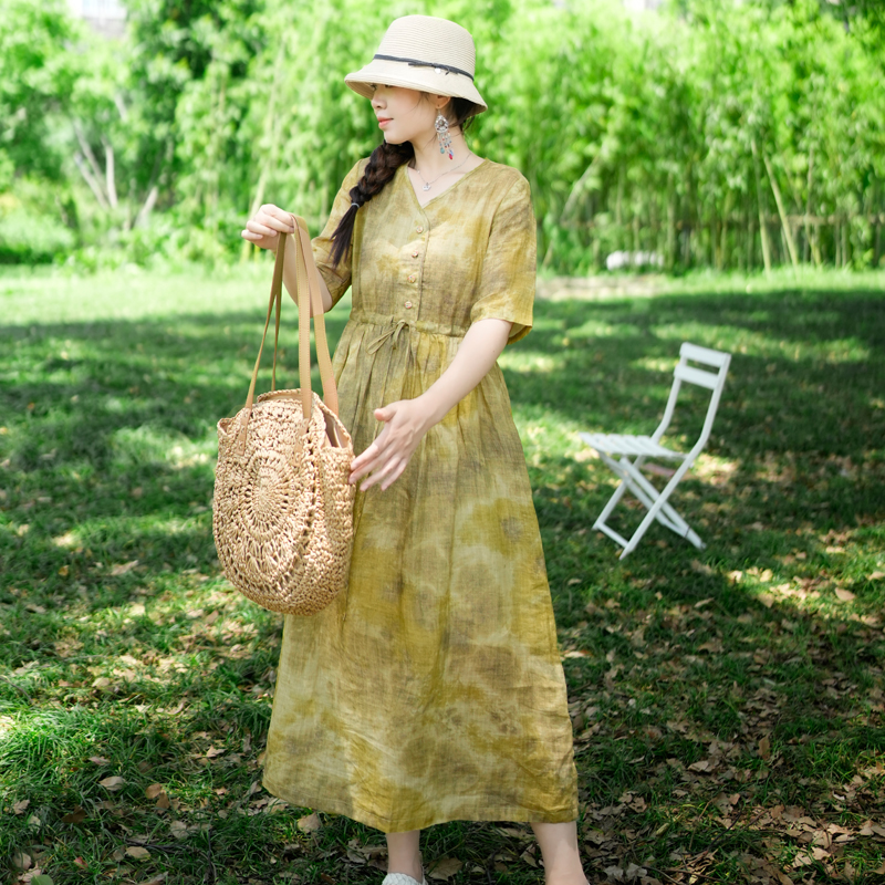 纯苎麻连衣裙女装春夏季新款印花复古中长裙宽松显瘦收腰裙子