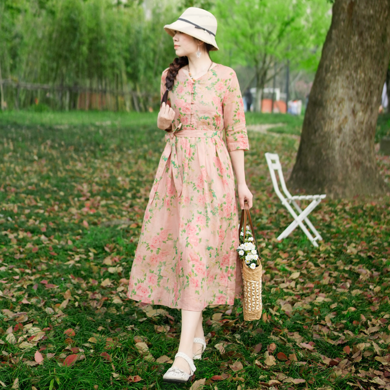 （春花烂漫）纯苎麻连衣裙夏季新款女装中长款印花文艺复古裙子