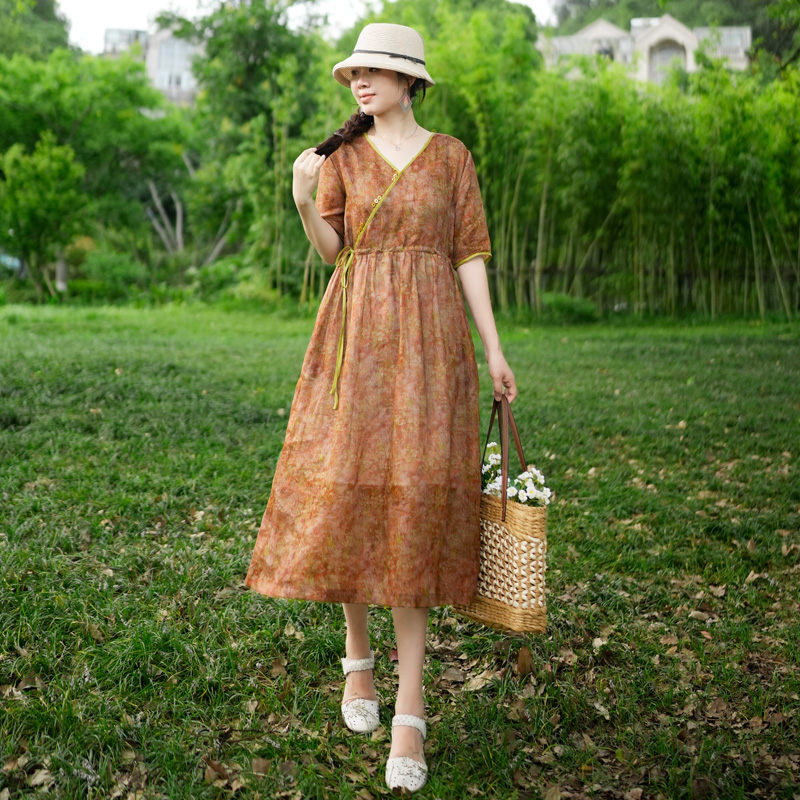 （七彩云霞）纯苎麻连衣裙春夏季新款女文艺复古中长款印花时尚宽松