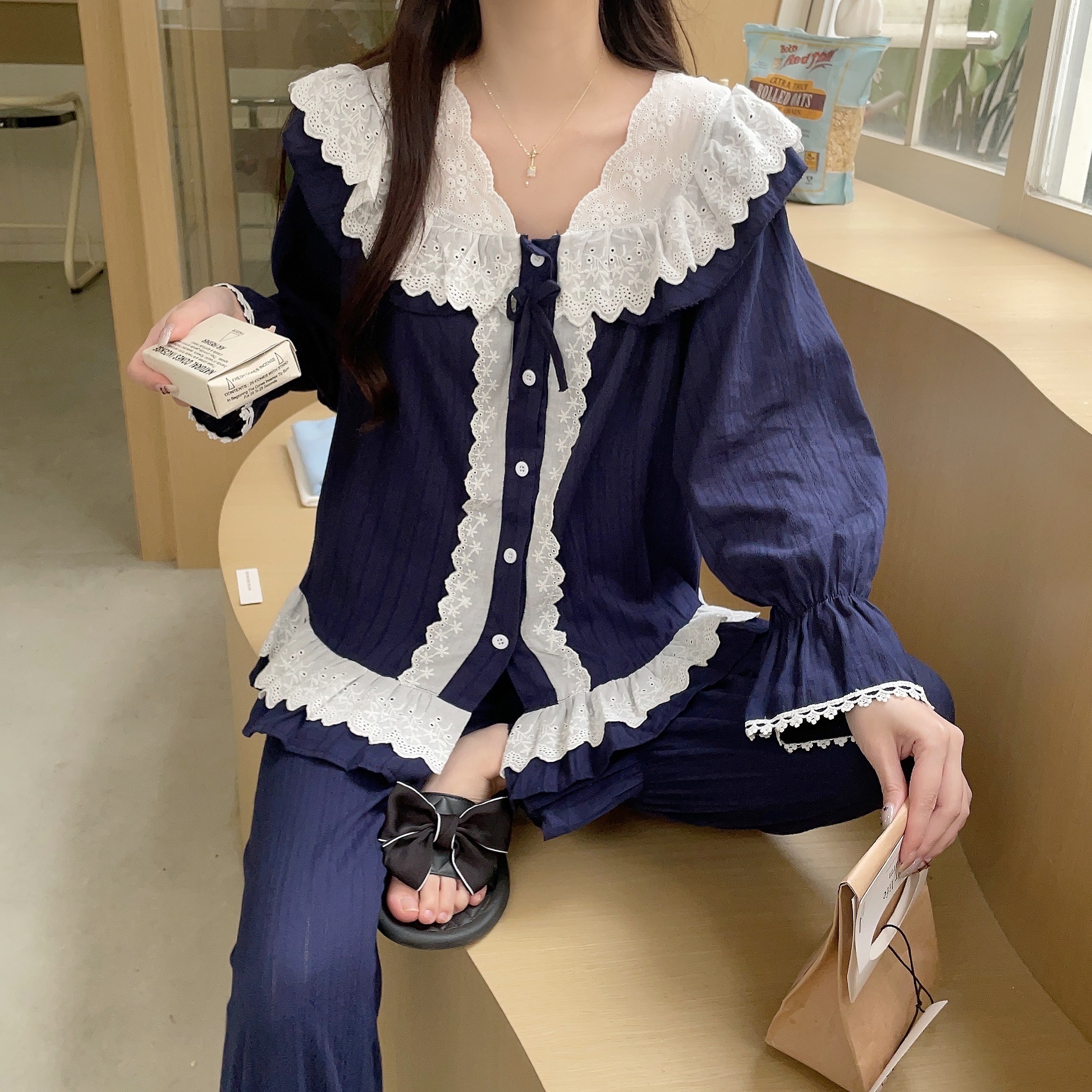 法式长袖100%纯棉睡衣女式春秋季套装宽松甜美高颜值可外穿家居服