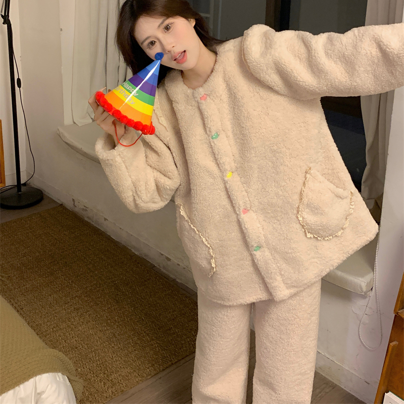 珊瑚绒加绒加厚睡衣女士冬季保暖韩版甜美彩扣学生长袖家居服套装