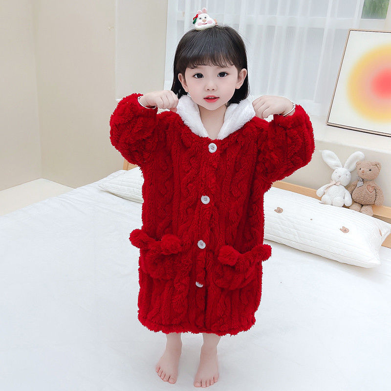 女童睡袍睡衣秋冬季女宝宝卡通可爱加厚珊瑚绒小童儿童家居服冬天