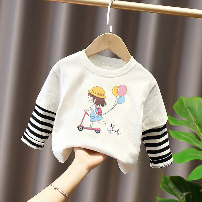 棉质女童长袖T恤2023春秋款宝宝宽松上衣洋气秋衣打底吸汗衫