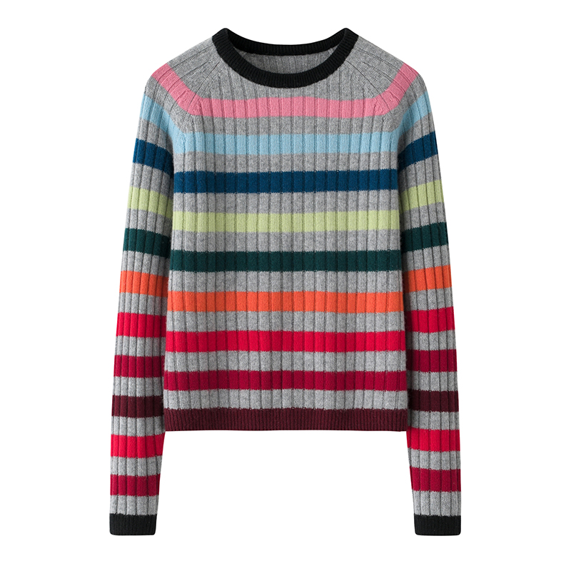 新款羊绒衫女士圆领100%纯山羊绒宽松休闲针织加厚抽条保暖毛衣W