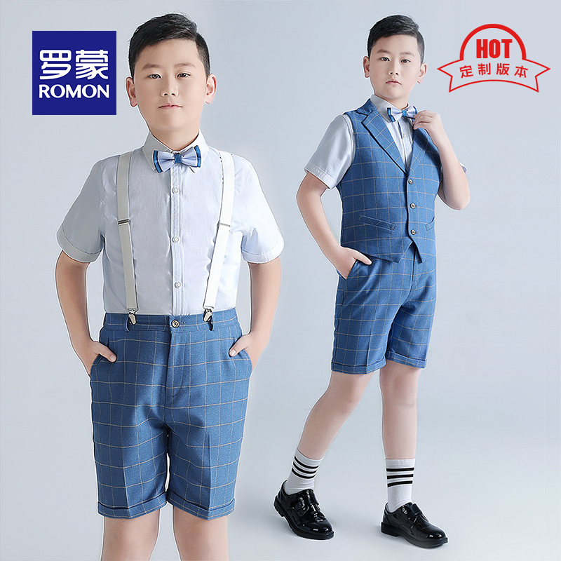Romon/罗蒙男童礼服主持人夏季新款儿童短袖背带裤套装胖版中大童