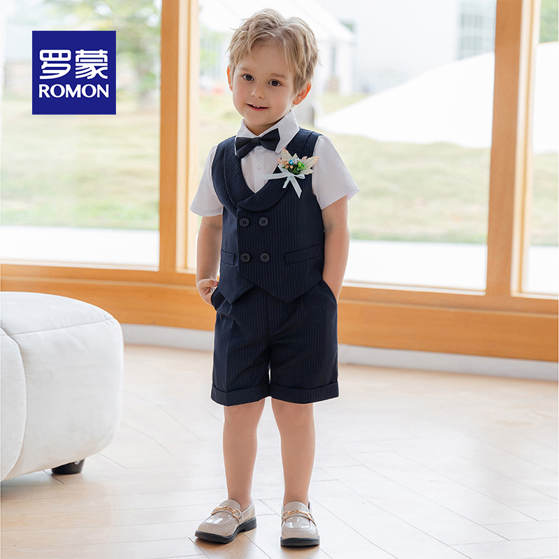 Romon/罗蒙儿童西服新款条纹马甲六一幼儿园套装表演服服男童