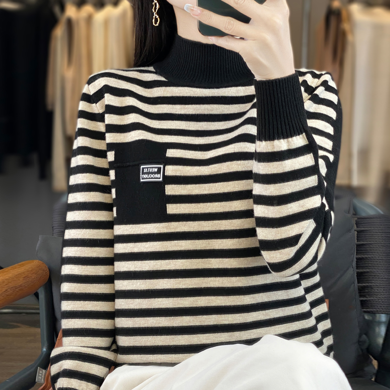 秋冬季半高圆领条纹针织衫上衣套头时尚长袖女款横条纹Y99