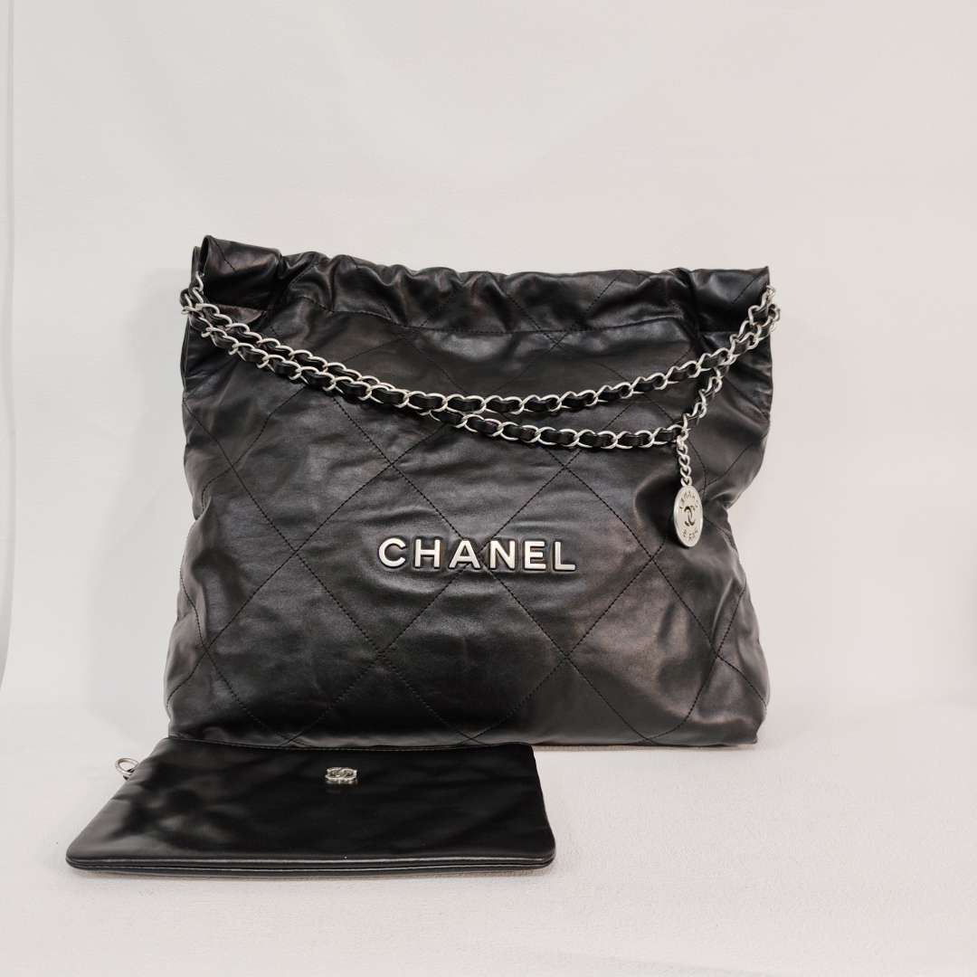 99新 Chanel/香奈儿 22bag中号  黑银色 芯片款链条包（T4L7）