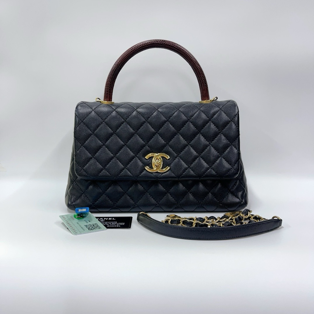 99新 Chanel/香奈儿 黑金coco handle鱼子酱中号包0967 8600
