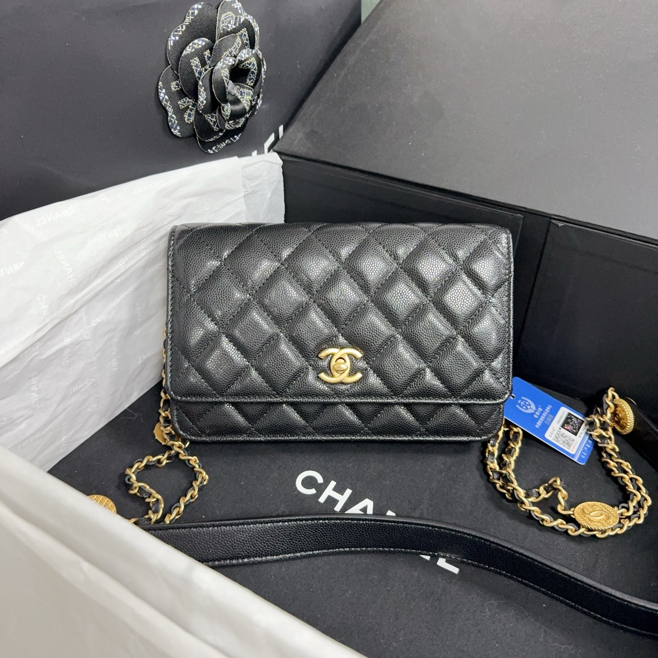 99新 Chanel/香奈儿  22A 金币woc 黑金 芯片款链条包包 02HK