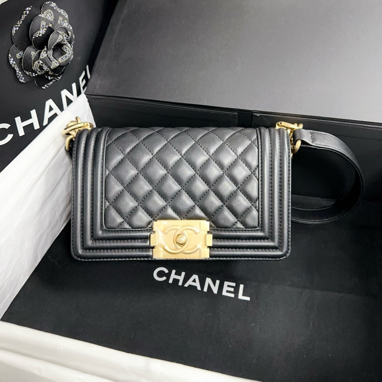 99新 Chanel/香奈儿 xx黑金牛leboy小号芯片链条包9006 A923