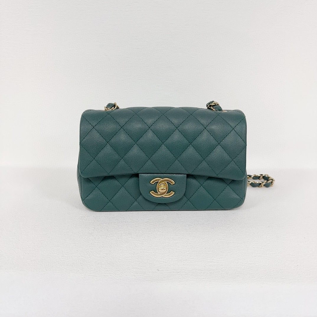 99新 Chanel/香奈儿 大mini链条包荔枝纹牛绿色金扣 5580 9629