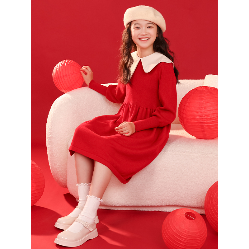 新年女童连衣裙2024新款大童装女孩拜年服冬装红色裙子儿童公主裙