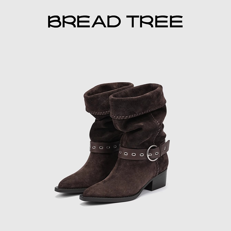方枪枪同款|BREADTREE面包树 新款复古骑士短靴褶皱西部堆堆靴女