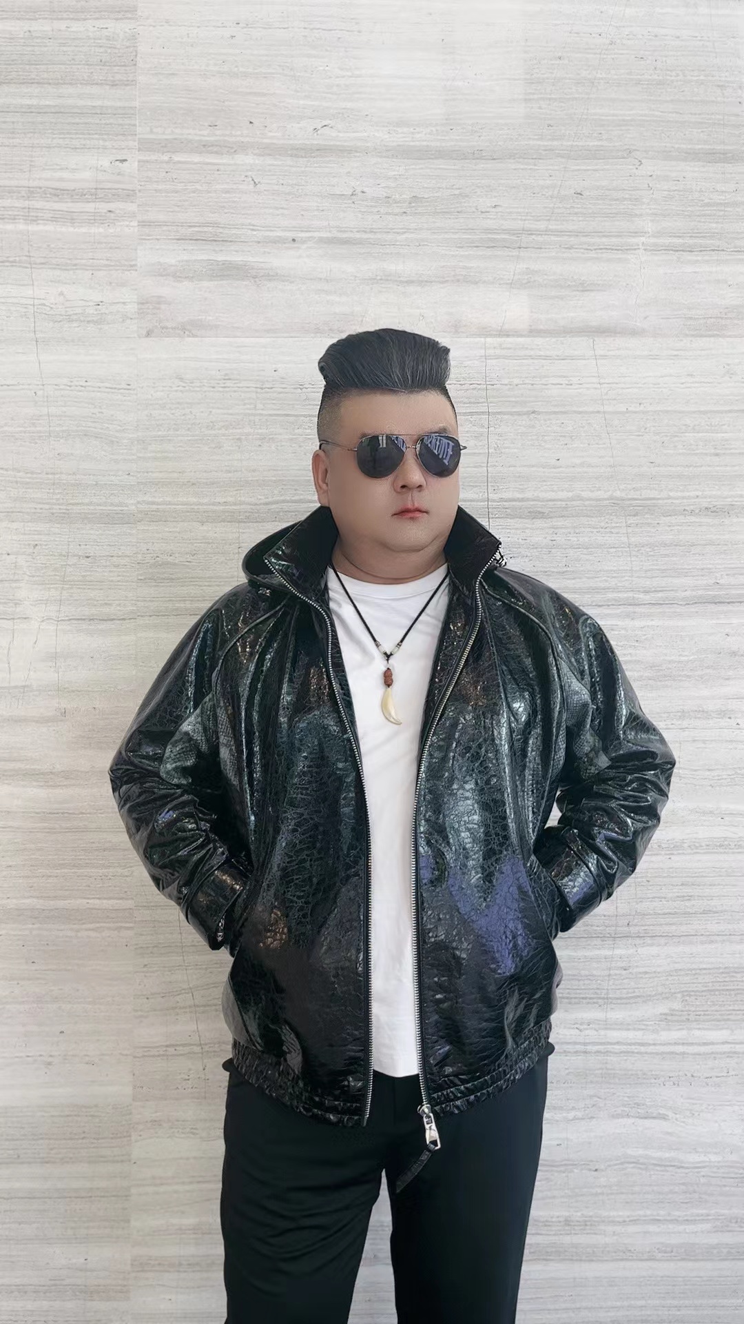 2023新款真皮绵羊皮立领帽款胖子大码时尚休闲夹克